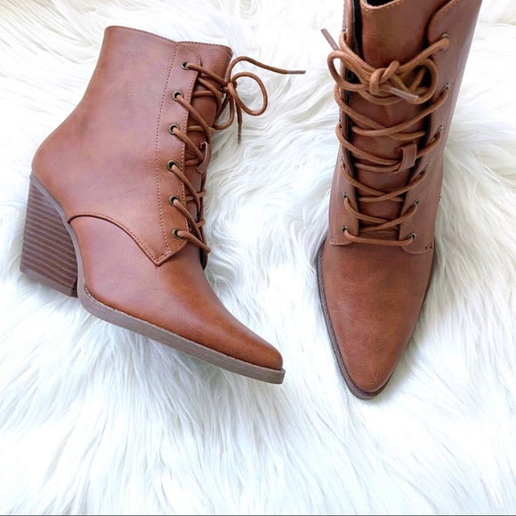 Lace up ankle booties boots camel brown leather heeled heels - Picture 8 of 11